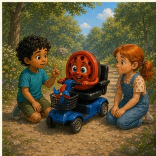 Two children kneel beside Willy and wait for his answer before offering help