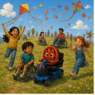 Willy and friends share a colorful, accessible wind festival on a sunny hill