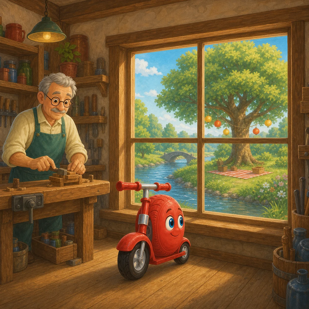 Little Wheel, the small red scooter hero, looking from Grandpa's workshop toward his chosen picnic destination