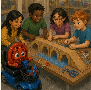 A diverse group of children and Willy test a cardboard bridge at a busy craft table