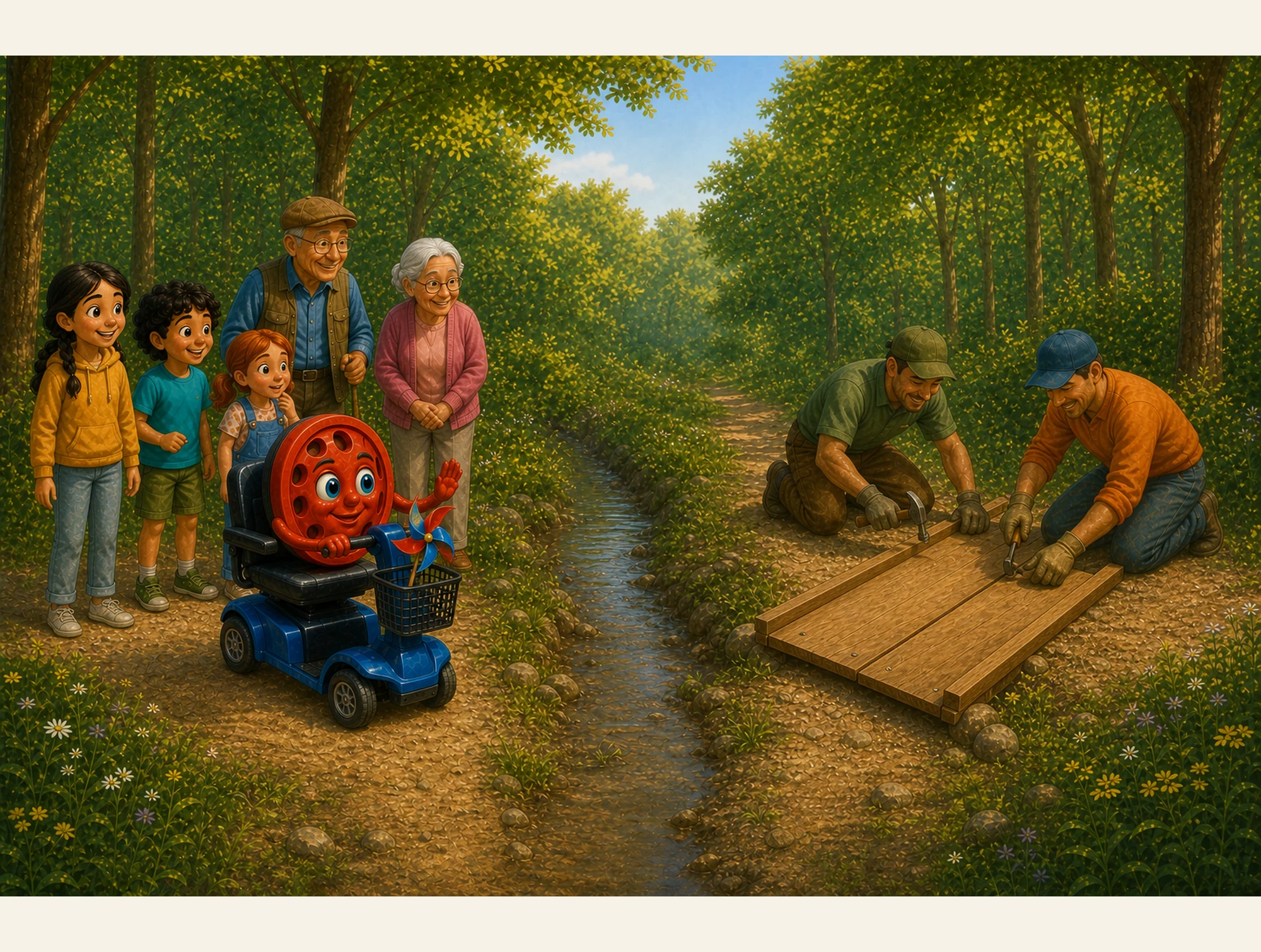 Willy and his friends test a small bridge on the repaired path