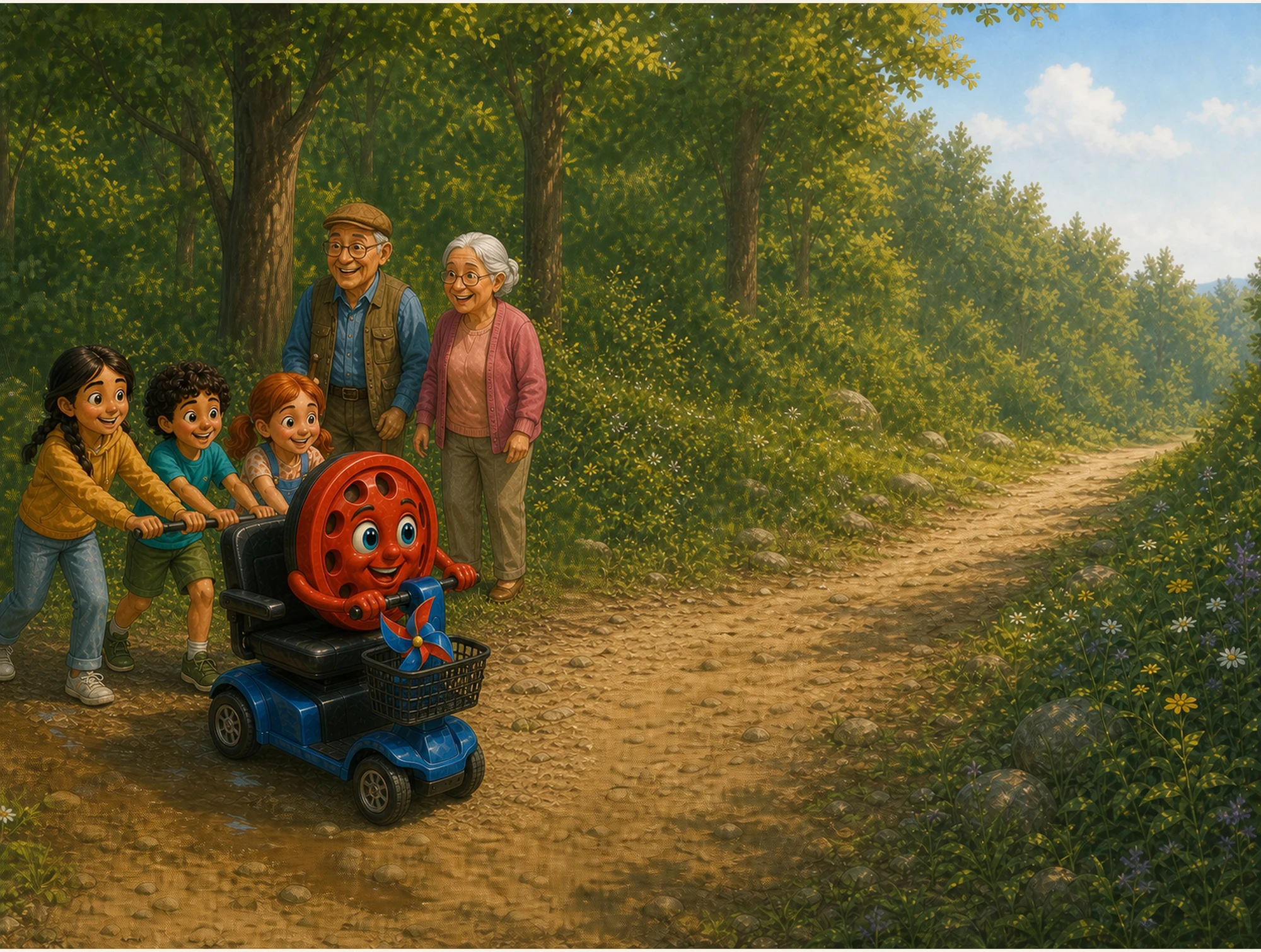 Willy steering while his friends push his mobility scooter free of the mud