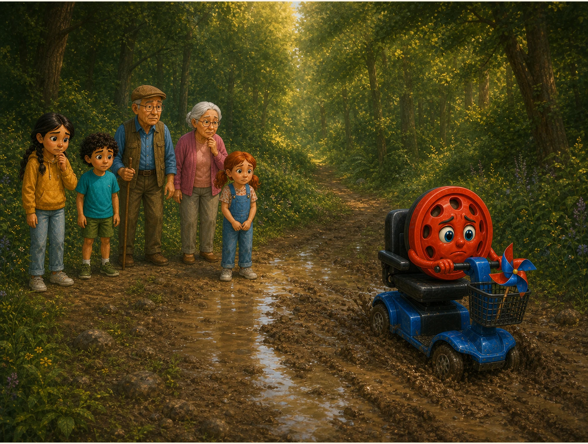 Willy guides his friends as they push his mobility scooter free from mud
