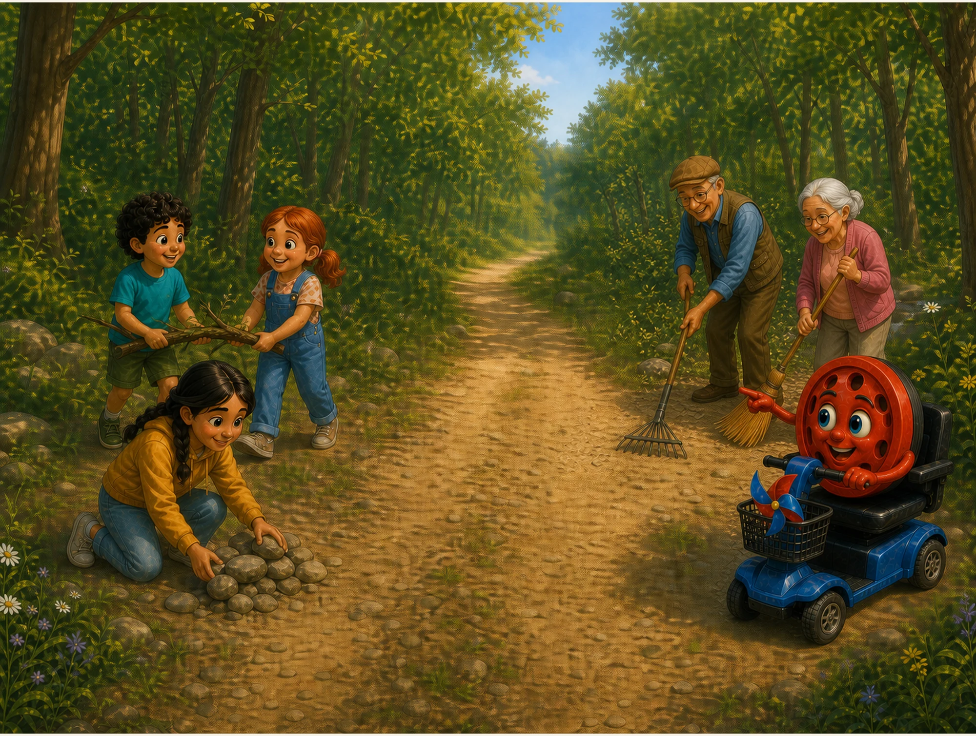 The community repairing and widening the old service path together