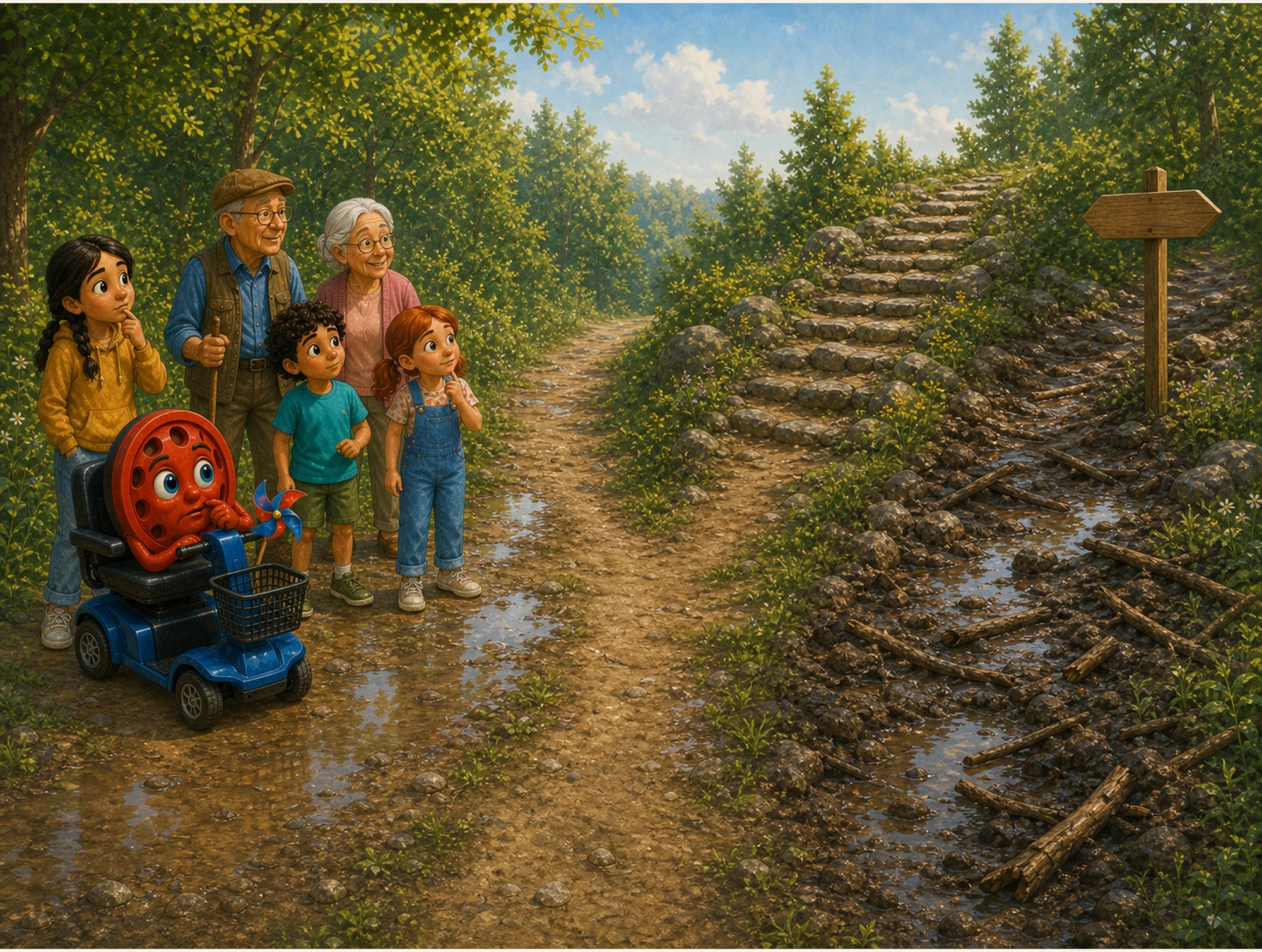 Willy and his friends looking at the storm-damaged trail