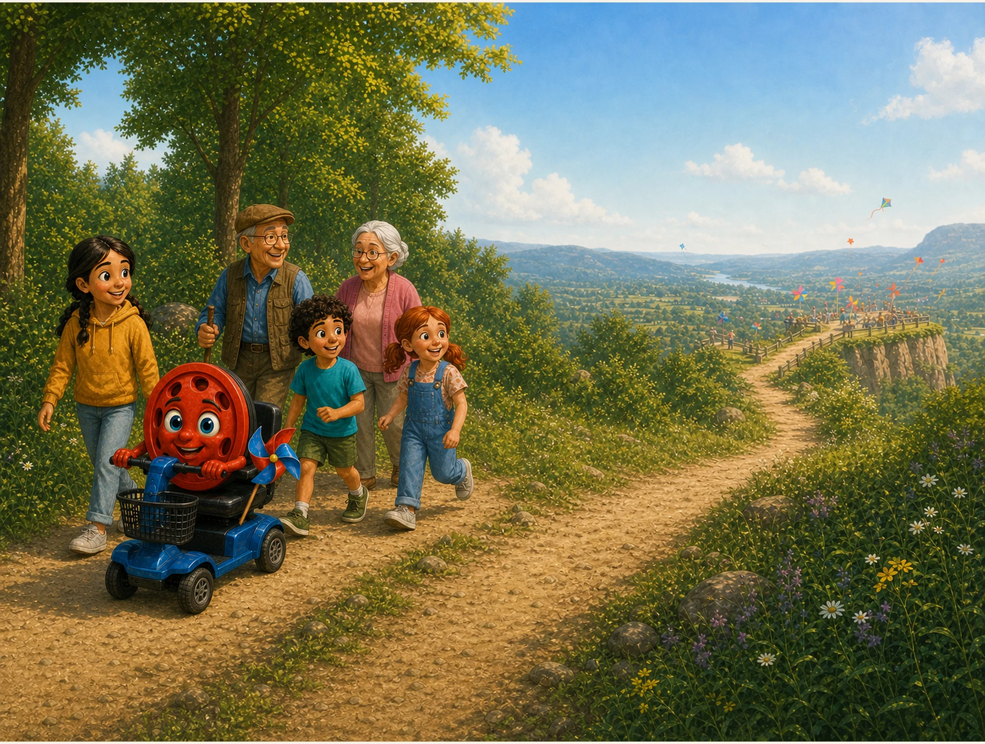 Willy, Lily, Ben, Rosie, Grandpa and Grandma setting out for the Wind Festival