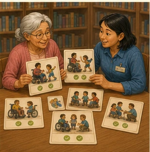 An adult and child exploring an illustrated book