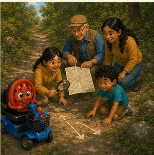 A family studies a trail map with a magnifying glass while Willy looks for route clues