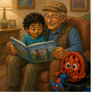 A grandfather and child share a colorful picture book in a cozy chair while Willy joins them