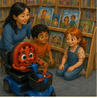 A teacher and two children choose colorful inclusive picture books from a welcoming shelf with Willy