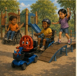 Children using different mobility devices enjoy an ordinary playground adventure with Willy