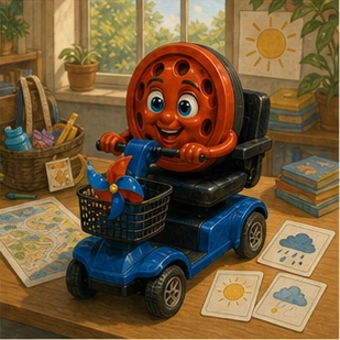 Willy confidently organizes maps, weather cards, and supplies before an outing