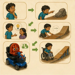 An illustrated sequence shows children noticing a barrier, sharing ideas, trying a ramp, and checking it