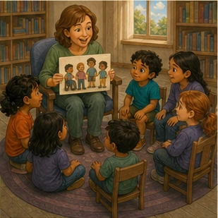 A teacher reads to an animated circle of children and invites them to discuss belonging