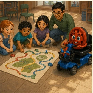 Children and Willy plan several colorful floor routes toward one shared destination