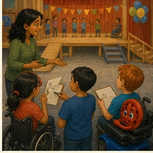 A teacher and students inspect the ramp, stage, seating, and route for a school celebration