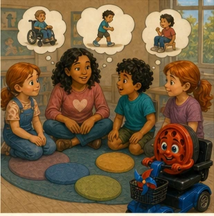 Children ask respectful questions in a story circle while Willy listens and answers