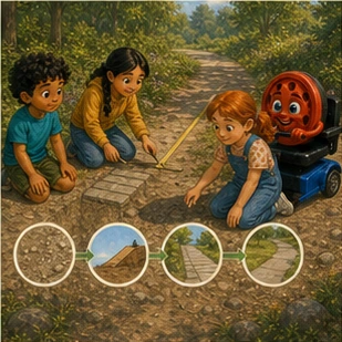 Children and Willy inspect a park path and compare its surface, edge, width, and slope
