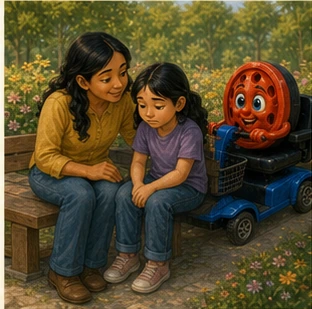 A parent listens closely to a disappointed child while Willy waits nearby as a friend