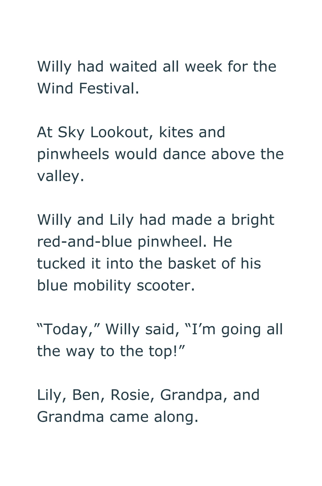 Opening text page from Willy the Wheel and the Winding Path