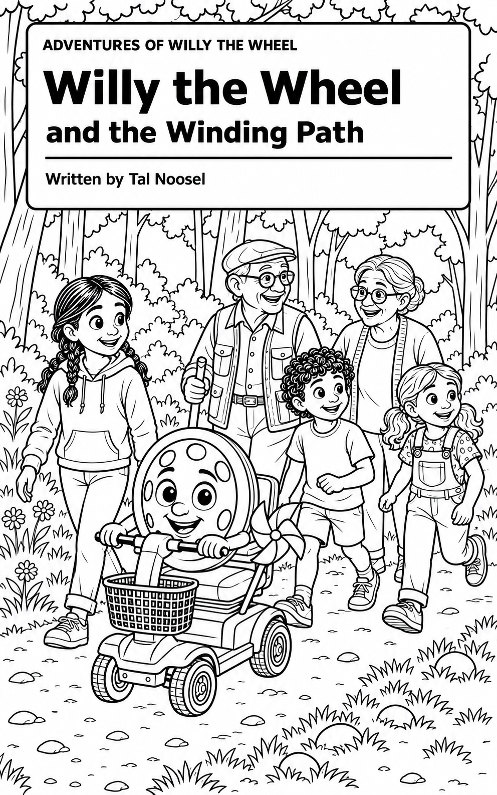 English Winding Path book cover to color: Willy on his scooter with friends, grandparents and a pinwheel