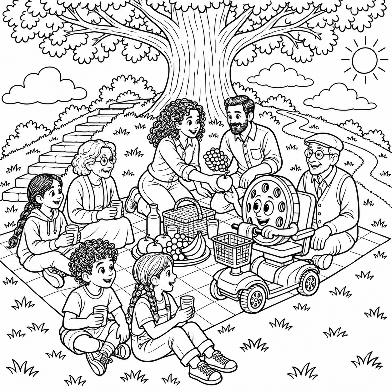 Coloring page: Willy at a family picnic with Mom, Dad, Grandma, Grandpa and the children