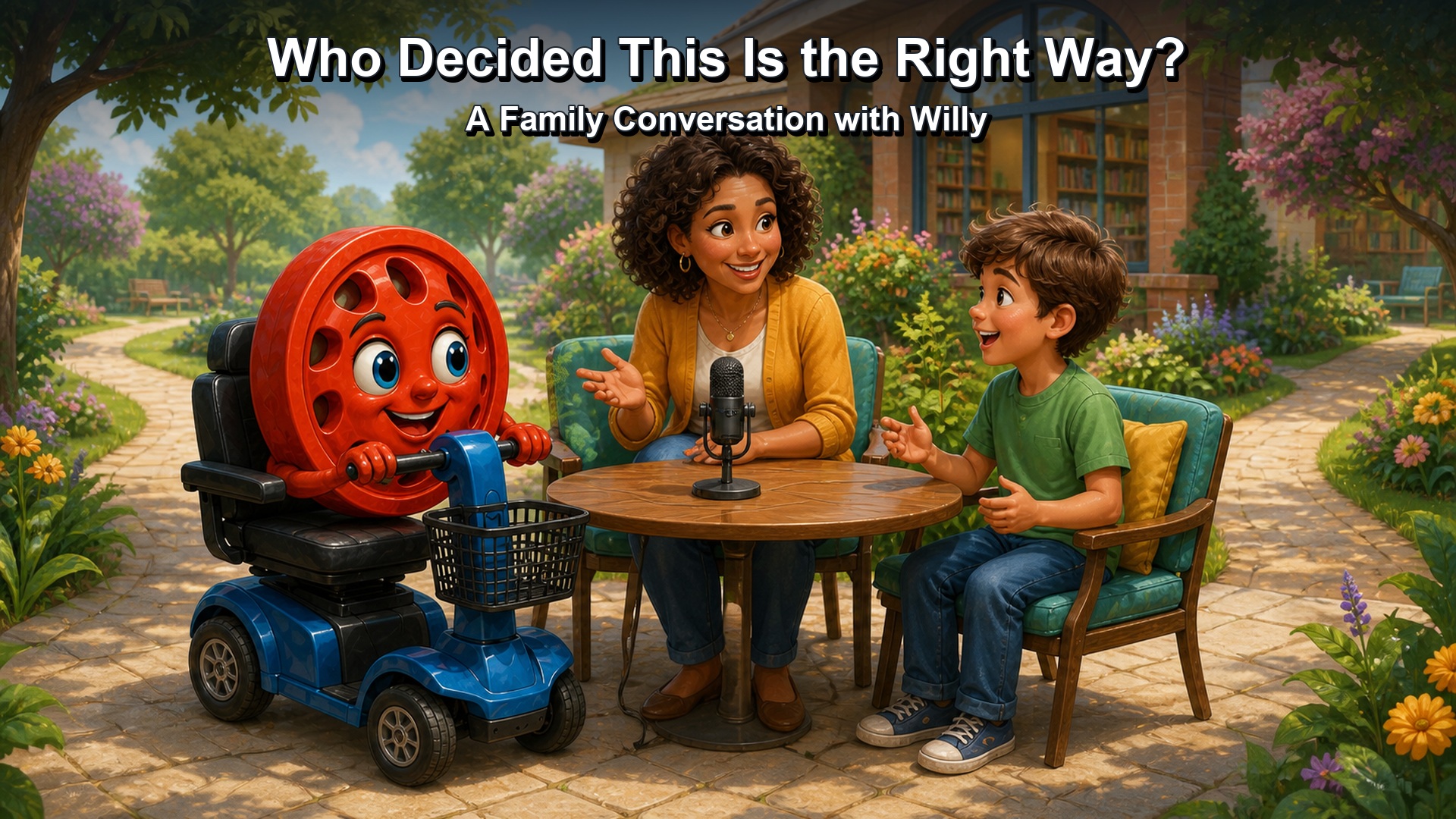 Willy on his mobility scooter in a family conversation with a presenter and a child
